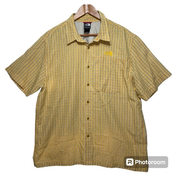The North Face Button Down Zip Pocket Short Sleeve Yellow Plaid Men's Size XL - Picture 1 of 13